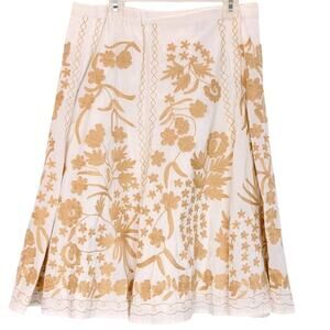 Floral Embroidered A-Line Full Skirt Knee Length White Gold Womens Size M/8-10